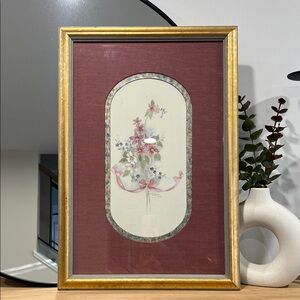 Ethan Allen Gold Framed Floral Art with Burgundy Mat